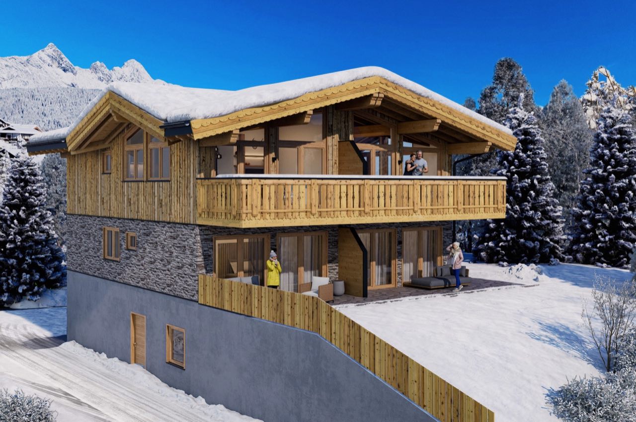 Visualisierung eines geplanten JOWI-Chalets mit Steinsockel und Holzbalkon im Winter